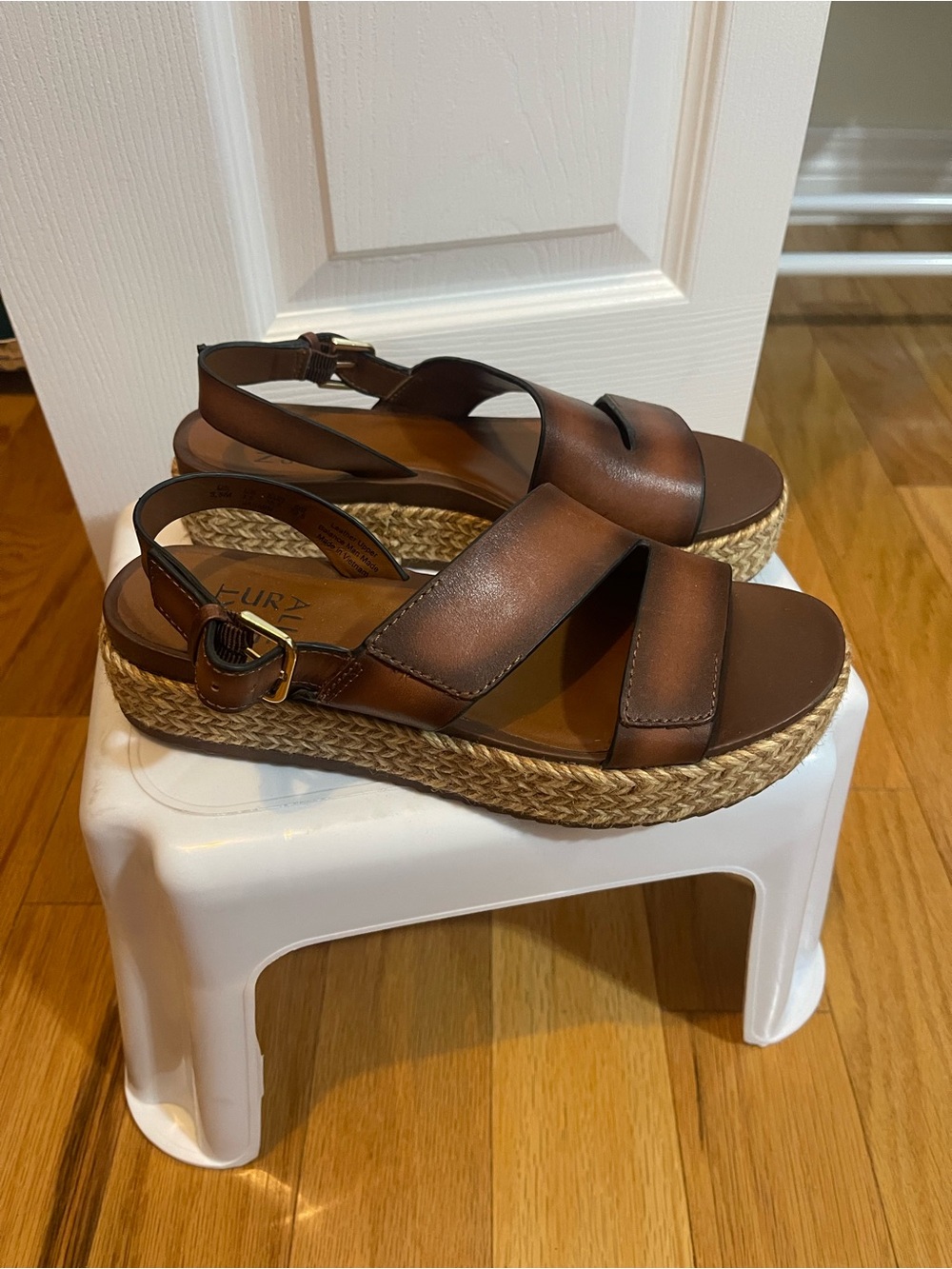 Women's Brown Leather Platform Sandals with Woven Espadrille Sole